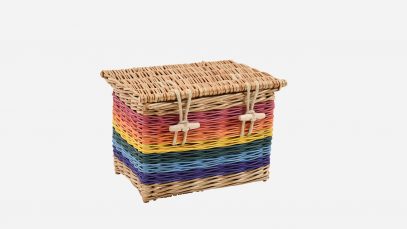 Woven willow ashes casket, rectangular in shape and rainbow in colour