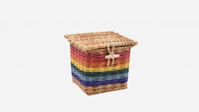 Woven willow ashes casket, square in shape and rainbow in colour