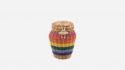 Woven willow ashes urn, round in shape and rainbow in colour