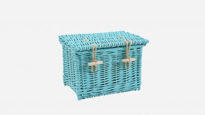 Woven willow ashes casket, rectangular in shape and painted turquoise in colour