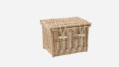 Woven willow ashes casket, rectangular in shape and weatherbeaten gold in colour