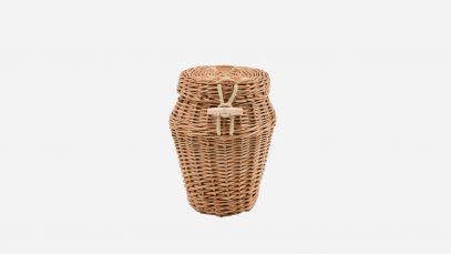 Woven willow ashes urn, round in shape and buff in colour