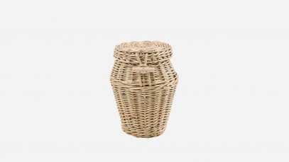 Woven willow ashes urn, round in shape and weatherbeaten in colour