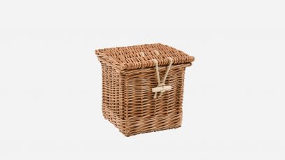 Woven willow ashes casket, square in shape and buff in colour