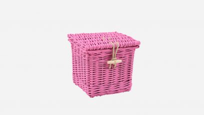 Woven willow ashes casket, square in shape and painted pink in colour