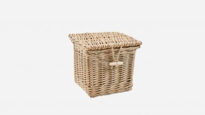 Woven willow ashes casket, square in shape and weatherbeaten gold in colour